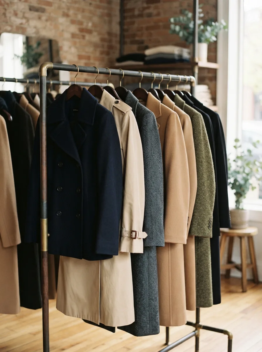 A variety of JM Collection coats displayed on a rack in a boutique setting.