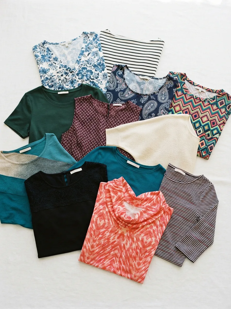 JM Collection women's tops displayed on a mannequin, showcasing various necklines and prints in a bright, modern setting.