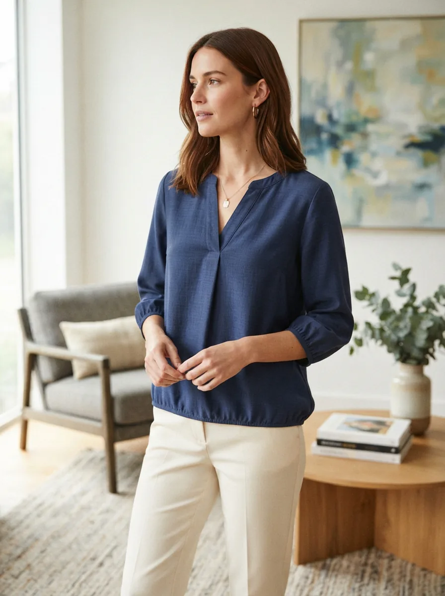Model wearing a JM Collection V-neck blouse in a casual setting, showcasing elegant style and versatility.