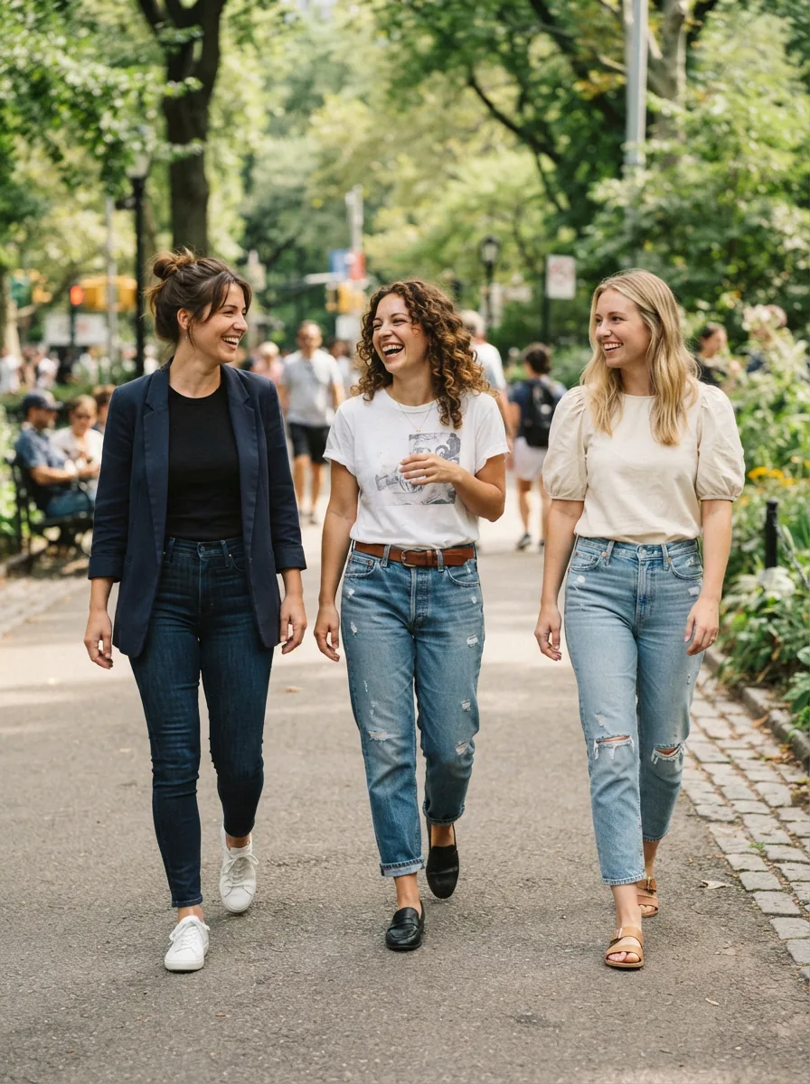 Diverse group of women wearing different JM Collection jeans styles in everyday settings.