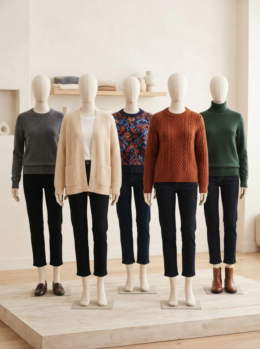 An elegant display of various JM Collection sweaters on mannequins in a modern boutique setting.